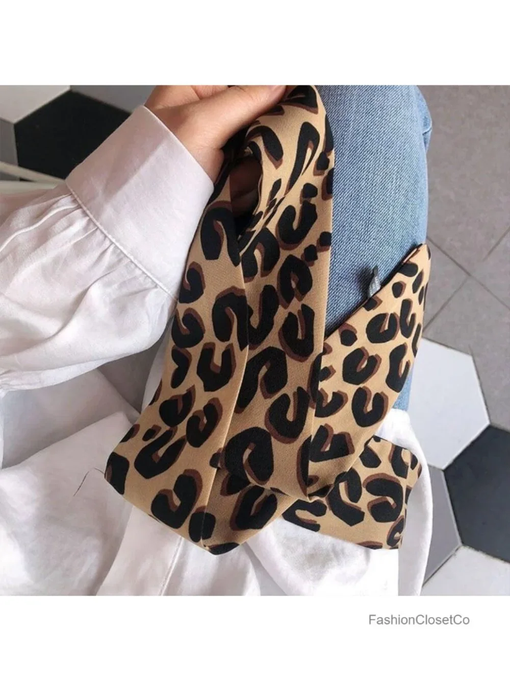 Skinny Scarf Neck Tie Hairband Purse Accessory Leopard Print Long Neckerchief
